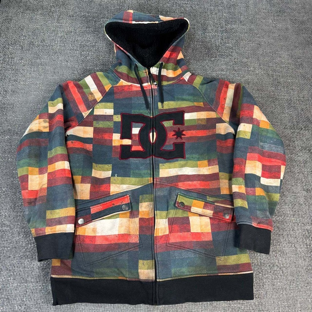 DC Shoes Zip Hoodie Mens XL Multi Color Geometric Sherpa Lined Y2K Skate Logo